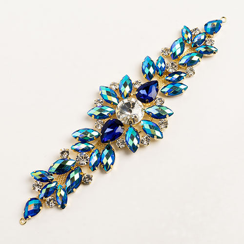 Fashion Embellishment - 18cm Crystal Motifs Floral - Blue AB - Gold