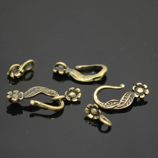 Hook and Eye Clasp -  Flower and Leaves - Antiqued Goldtone