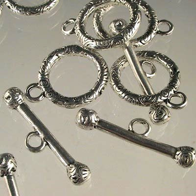 Toggle Clasp -  Squashed Coil Pattern - Antiqued Silver