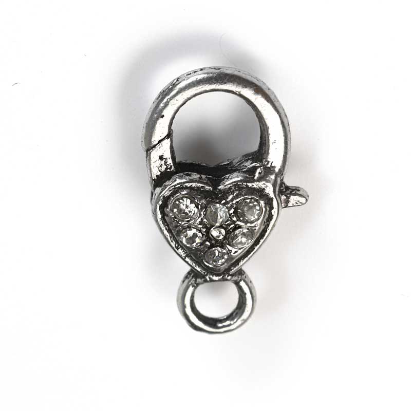 Lobster Clasp - 26mm - Subdued Sparkle Heart - Crystal - Antiqued Silver