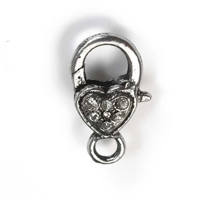 Lobster Clasp - 26mm - Subdued Sparkle Heart - Crystal - Antiqued Silver