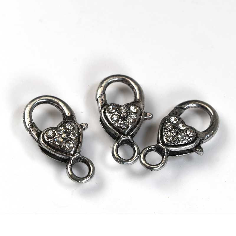 Lobster Clasp - 26mm - Subdued Sparkle Heart - Crystal - Antiqued Silver