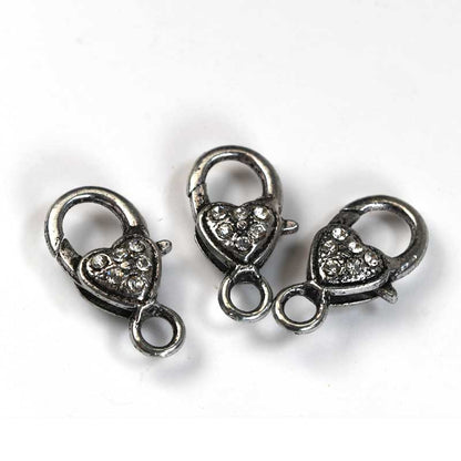 Lobster Clasp - 26mm - Subdued Sparkle Heart - Crystal - Antiqued Silver