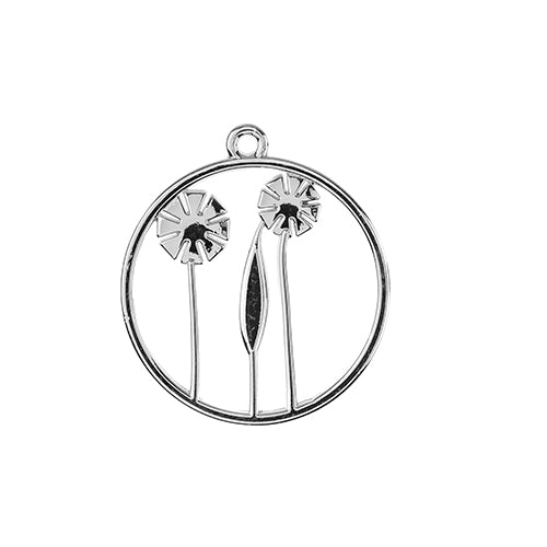 Pendant Circle with Suprised Flowers    Slvr 4pcs