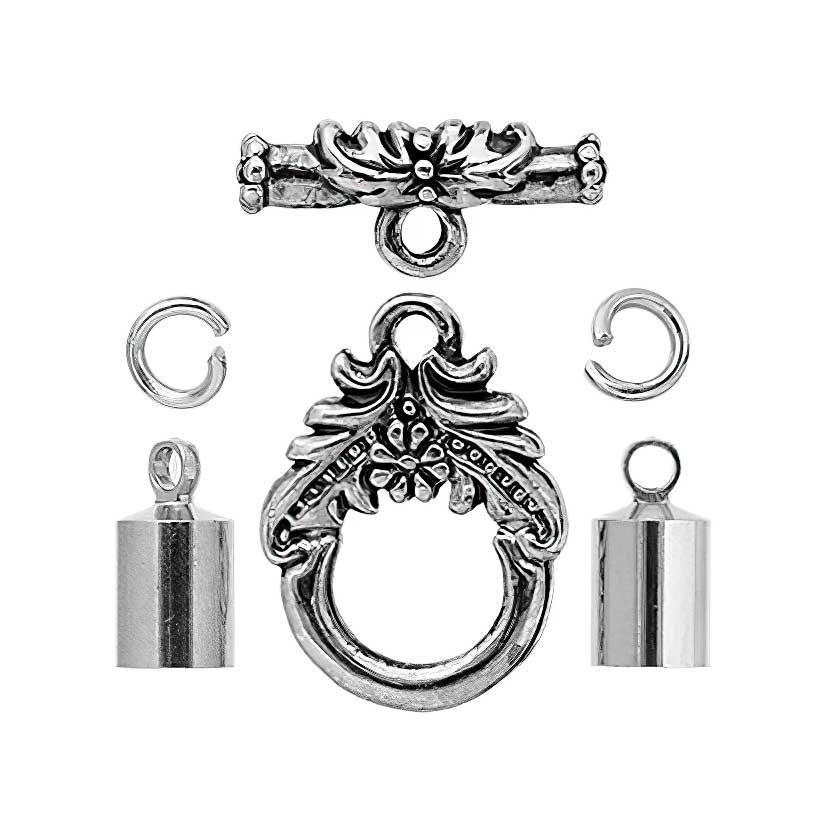 Toggle Clasp with Caps for Kumi/Rope - 4mmID - Silver