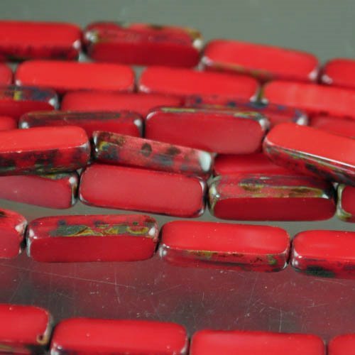 Window Beads - 5x15mm Long Rectangle - Red Coral / Picasso