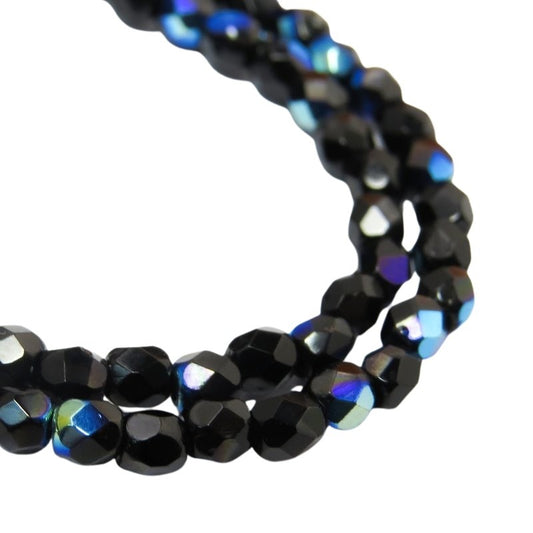 Fire Polish Faceted Round - 3mm - Jet AB (strand)