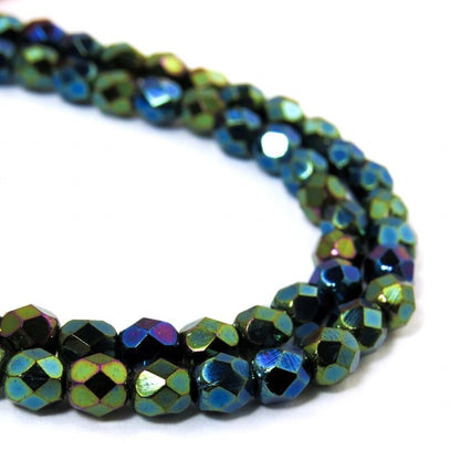 Fire Polish Faceted Round - 4mm - Green AB (strand)