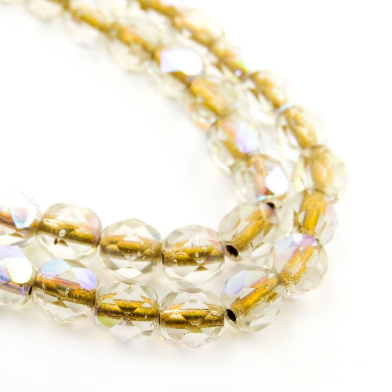 Fire Polish Faceted Round - 6mm - Crystal AB / Gold-lined (strand)