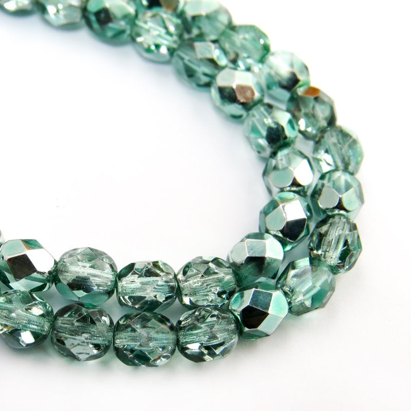 Fire Polish Faceted Round - 6mm - Turquoise Metallic Half-coat (strand)