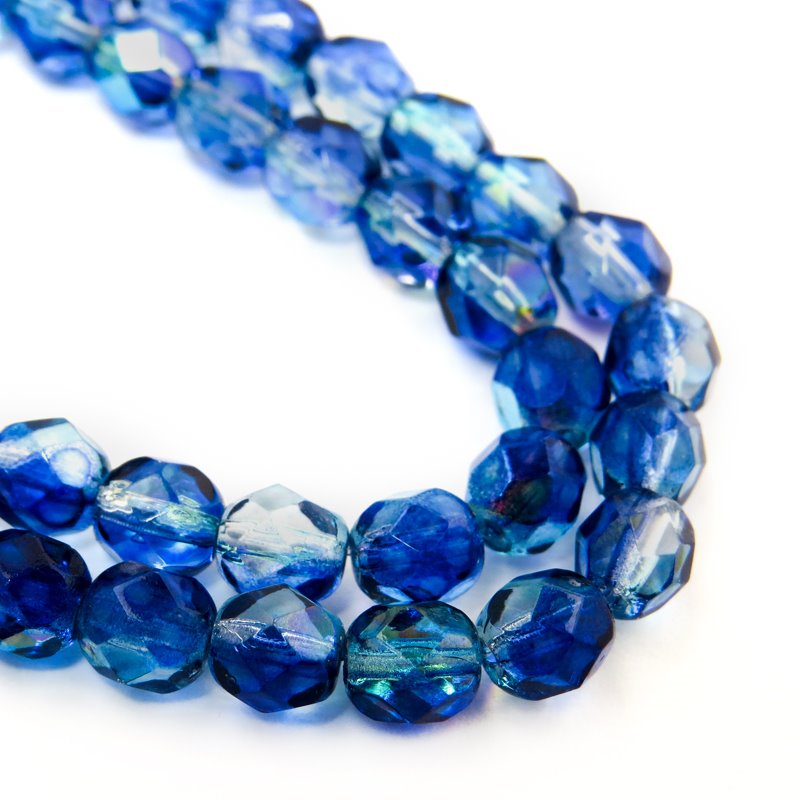 Fire Polish Faceted Round - 6mm - Blue on Blue AB (strand)