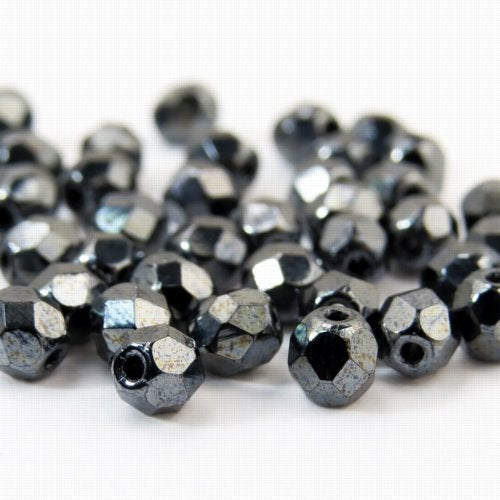 Fire Polish Faceted Round - 4mm - Gunmetal (strand)