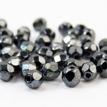 Fire Polish Faceted Round - 4mm - Gunmetal (strand)