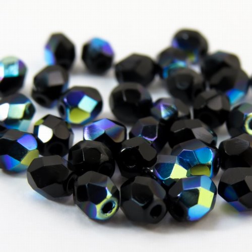 Fire Polish Faceted Round - 4mm - Jet AB (50)