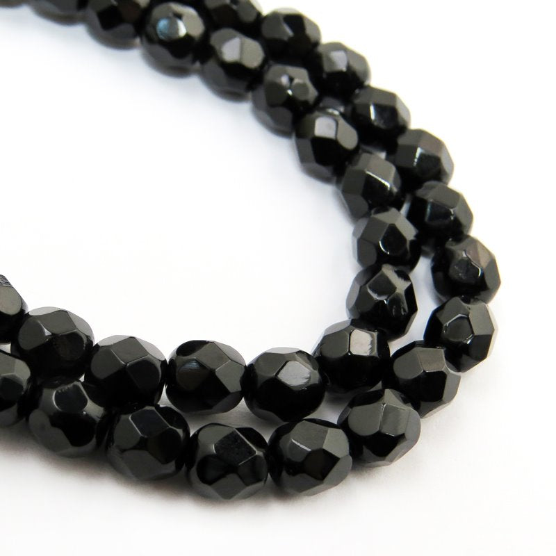 Fire Polish Faceted Round - 6mm - Jet (strand)