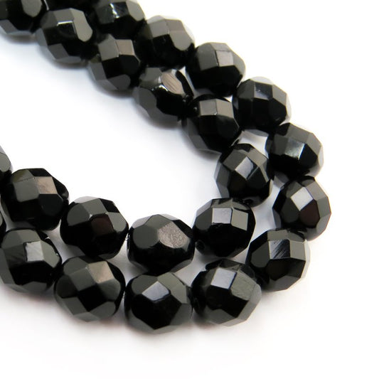 Fire Polish Faceted Round - 8mm - Jet (strand)