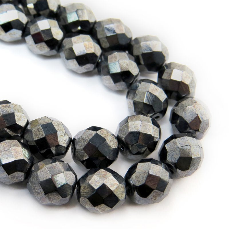 Fire Polish Faceted Round - 10mm - Gunmetal (strand)