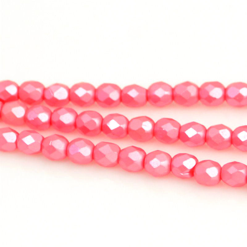 Fire Polish Faceted Round - 4mm - Pearl Pastel Strawberry Pink (strand 45)