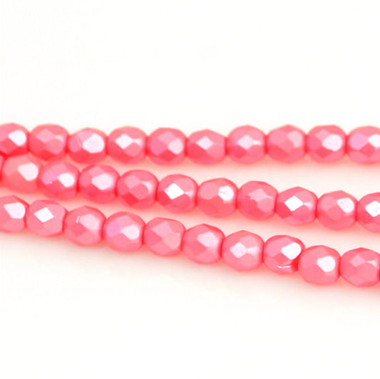 Fire Polish Faceted Round - 4mm - Pearl Pastel Strawberry Pink (strand 45)