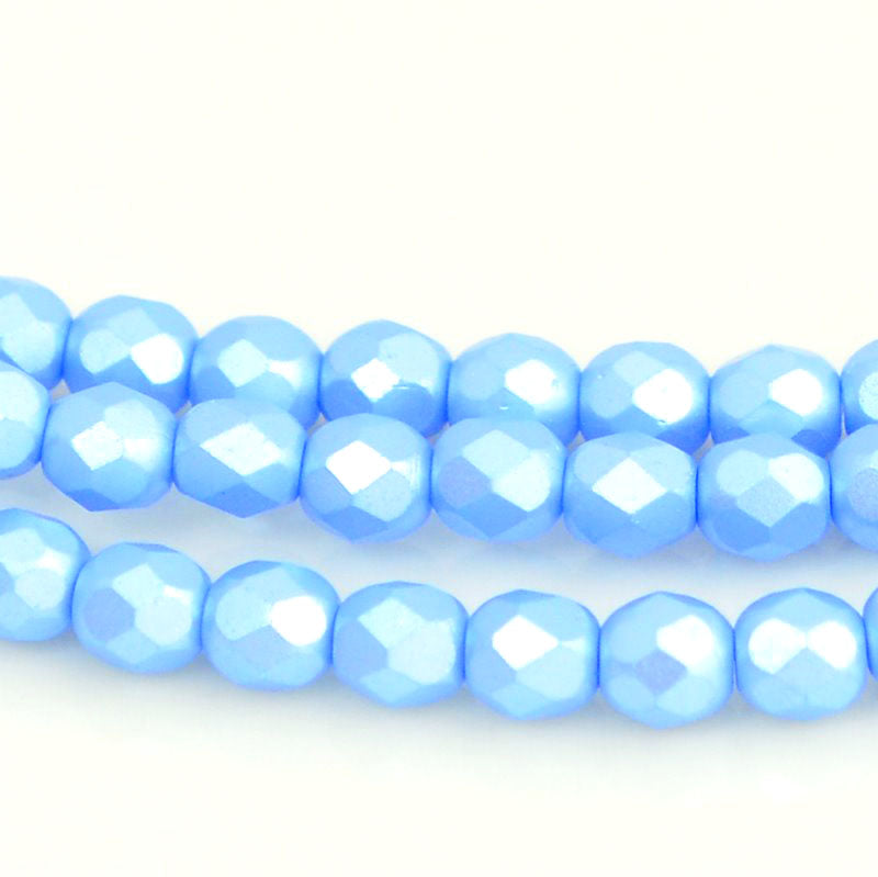 Fire Polish Faceted Round - 4mm - Pearl Pastel Baby Blue (strand 45)