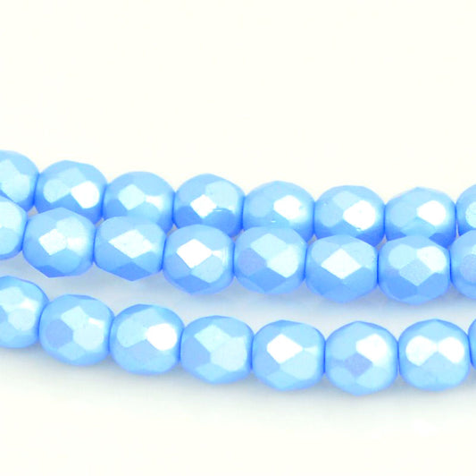 Fire Polish Faceted Round - 4mm - Pearl Pastel Baby Blue (strand 45)