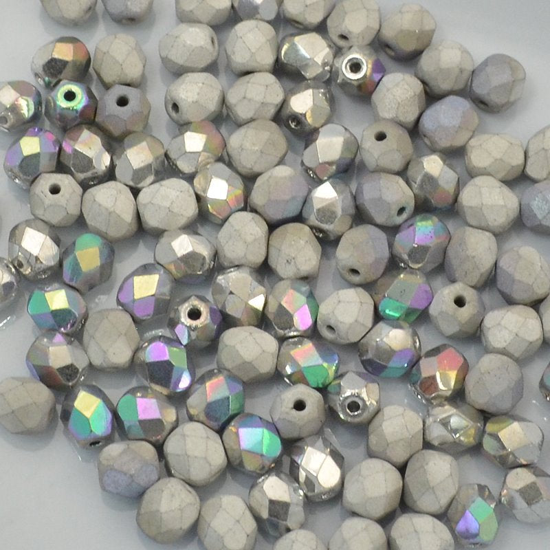 Fire Polish Faceted Round - 6mm - Crystal Glittery Silver Shine/Matt (25)