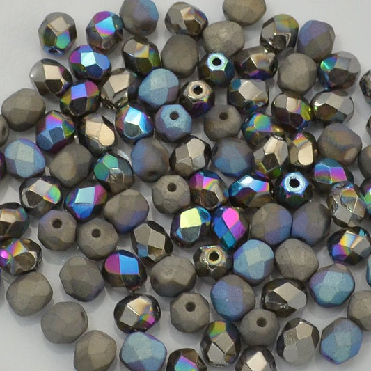 Fire Polish Faceted Round - 6mm - Crystal Glittery Graphite Shine/Matt (25)