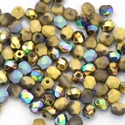 Fire Polish Faceted Round - 4mm - Crystal Glittery Amber Shine/Matt (Pack approx