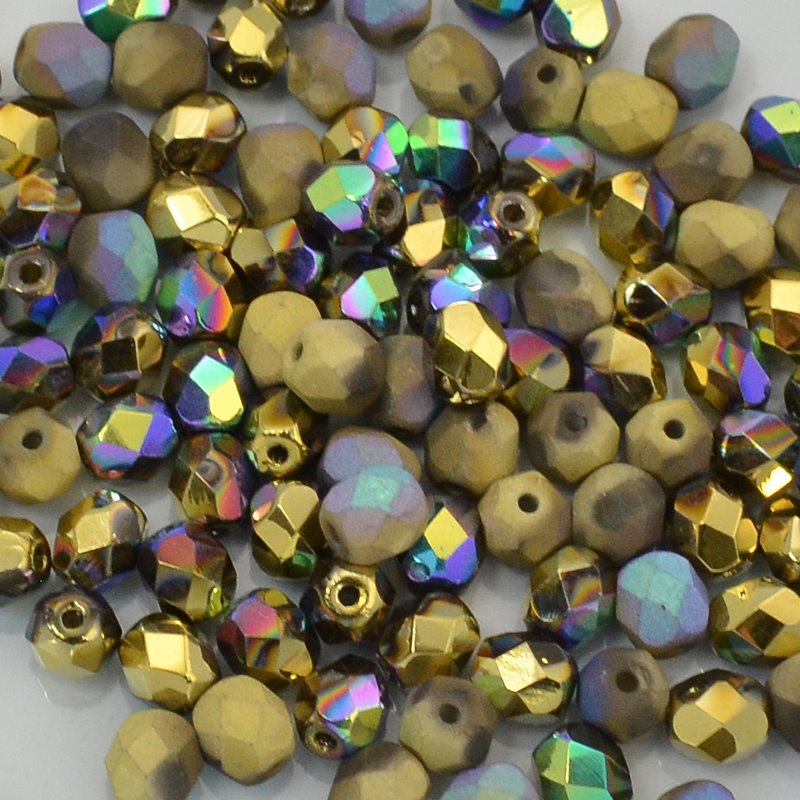 Fire Polish Faceted Round - 6mm - Crystal Glittery Amber Shine/Matt (25)