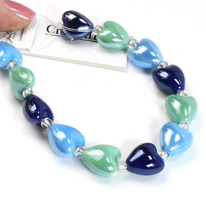 Crystal Lane Designer Strands -  Ceramic Hearts - Mixed Blues and Green (Strand)
