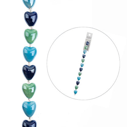Crystal Lane Designer Strands -  Ceramic Hearts - Mixed Blues and Green (Strand)