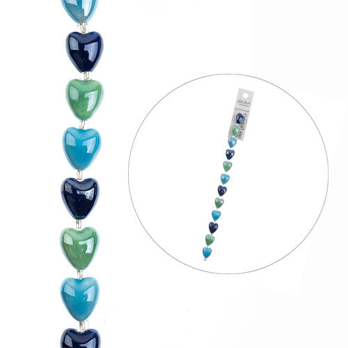 Crystal Lane Designer Strands -  Ceramic Hearts - Mixed Blues and Green (Strand)