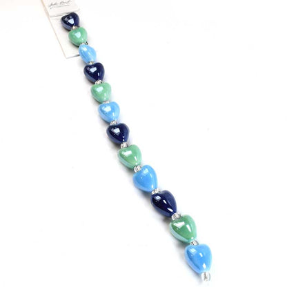 Crystal Lane Designer Strands -  Ceramic Hearts - Mixed Blues and Green (Strand)