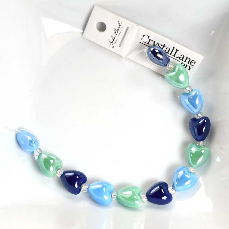 Crystal Lane Designer Strands -  Ceramic Hearts - Mixed Blues and Green (Strand)