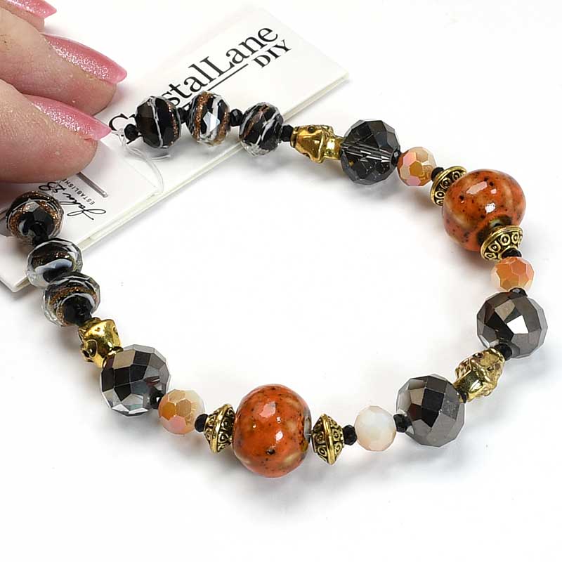 Crystal Lane Designer Strands -  Ceramic Rounds and Facets - Pumpkin Dance (7in 