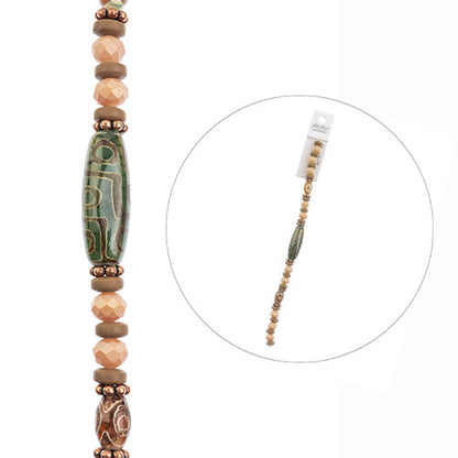 Crystal Lane Designer Strands -  Dzi and Spacers - Green and Peach (7in Strand)