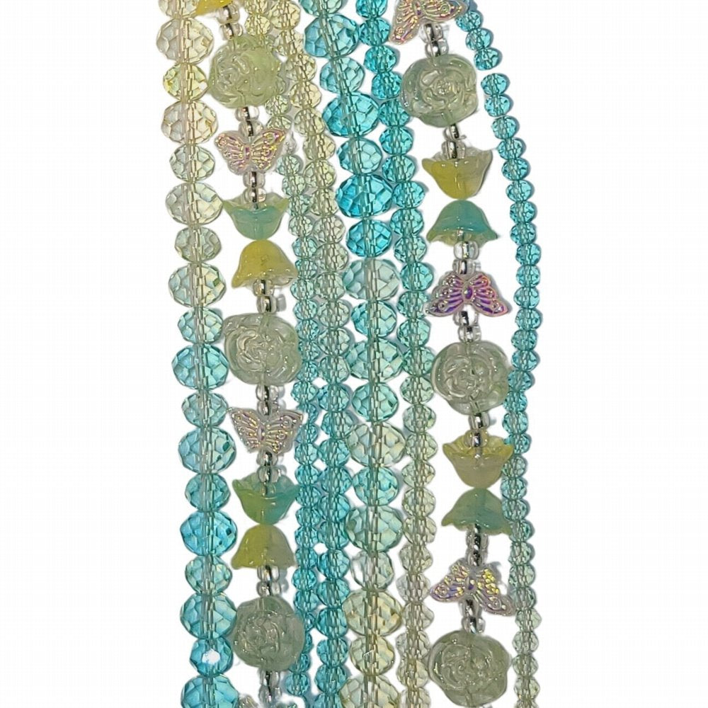 Roses Butterflies Faceted Rondelles - Teal Ombre (4x7in Strand)