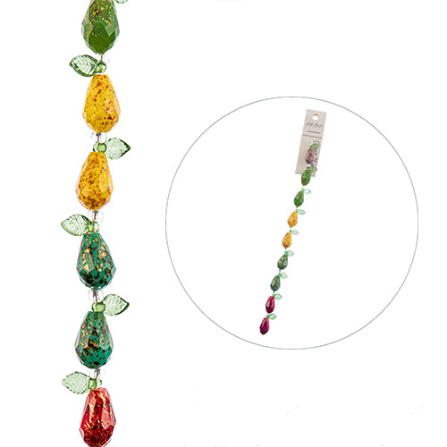 Faceted Pear Drops and Leaves - Red Green Yellow (7in Strand)