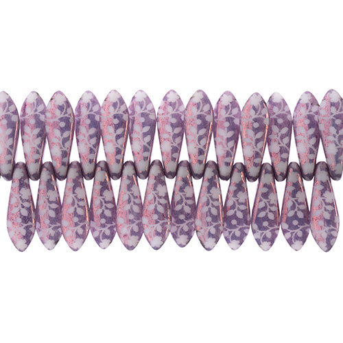 Dagger Beads - 16mm Laser Etched - Lilac with White Flower Pattern (strand)