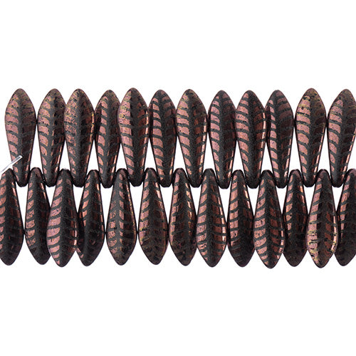 Dagger Beads - 16mm Laser Etched - Copper with Brown Leaf Pattern (strand)