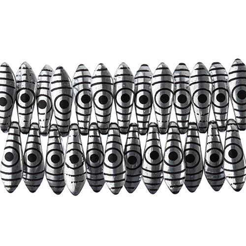 Dagger Beads - 16mm Laser Etched - Silver with Black Circle Pattern (strand)
