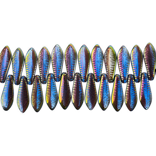 Dagger Beads - 16mm Laser Etched - Green Iris AB/ Brown Leaf Pattern (strand)