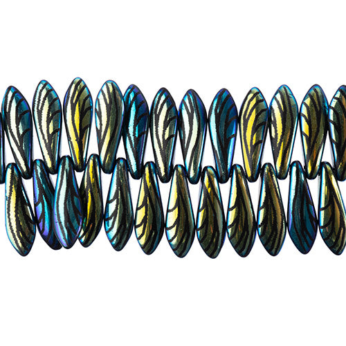 Dagger Beads - 16mm Laser Etched - Black with Jet AB Wing Pattern (strand)