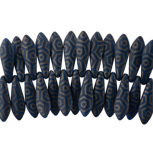 Dagger Beads - 16mm Laser Etched - Grey with Dark Blue Octagon Pattern (strand)