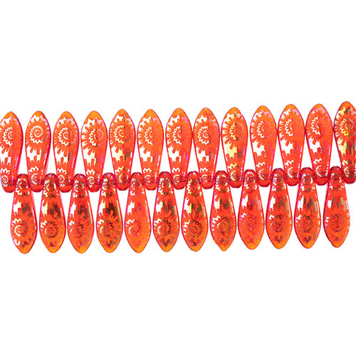Dagger Beads - 16mm Laser Etched - Orange/ Orange AB Swirl Pattern (strand)