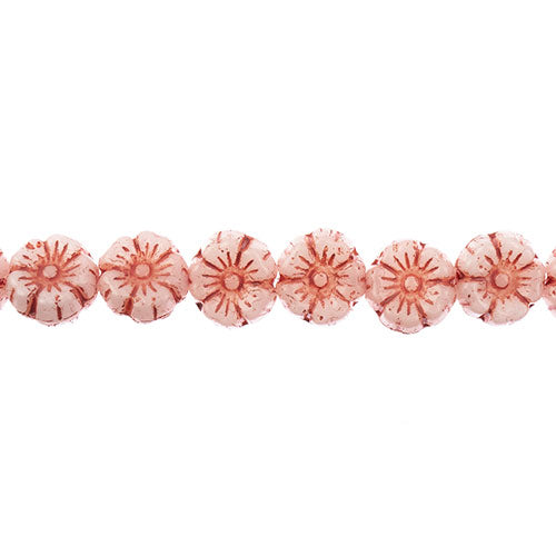 Glass Bead Cinquefoil Flower Bead - 9mm - Red on Alabaster White (Strand Apx 22p