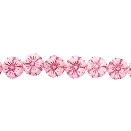Glass Bead Cinquefoil Flower Bead - 9mm - Pink on Alabaster White (Strand Apx 22