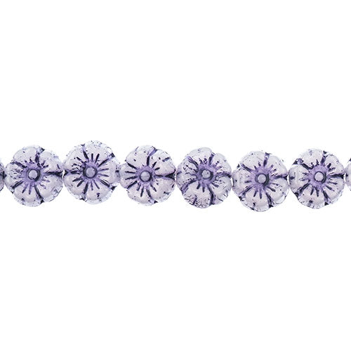 Glass Bead Cinquefoil Flower Bead - 9mm - Purple on Alabaster White (Strand Apx 