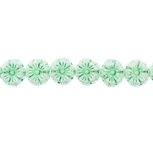 Glass Bead Cinquefoil Flower Bead - 9mm - Light Green on Alabaster White (Strand