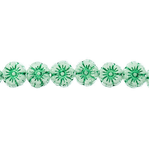 Glass Bead Cinquefoil Flower Bead - 9mm - Green on Alabaster White (Strand Apx 2